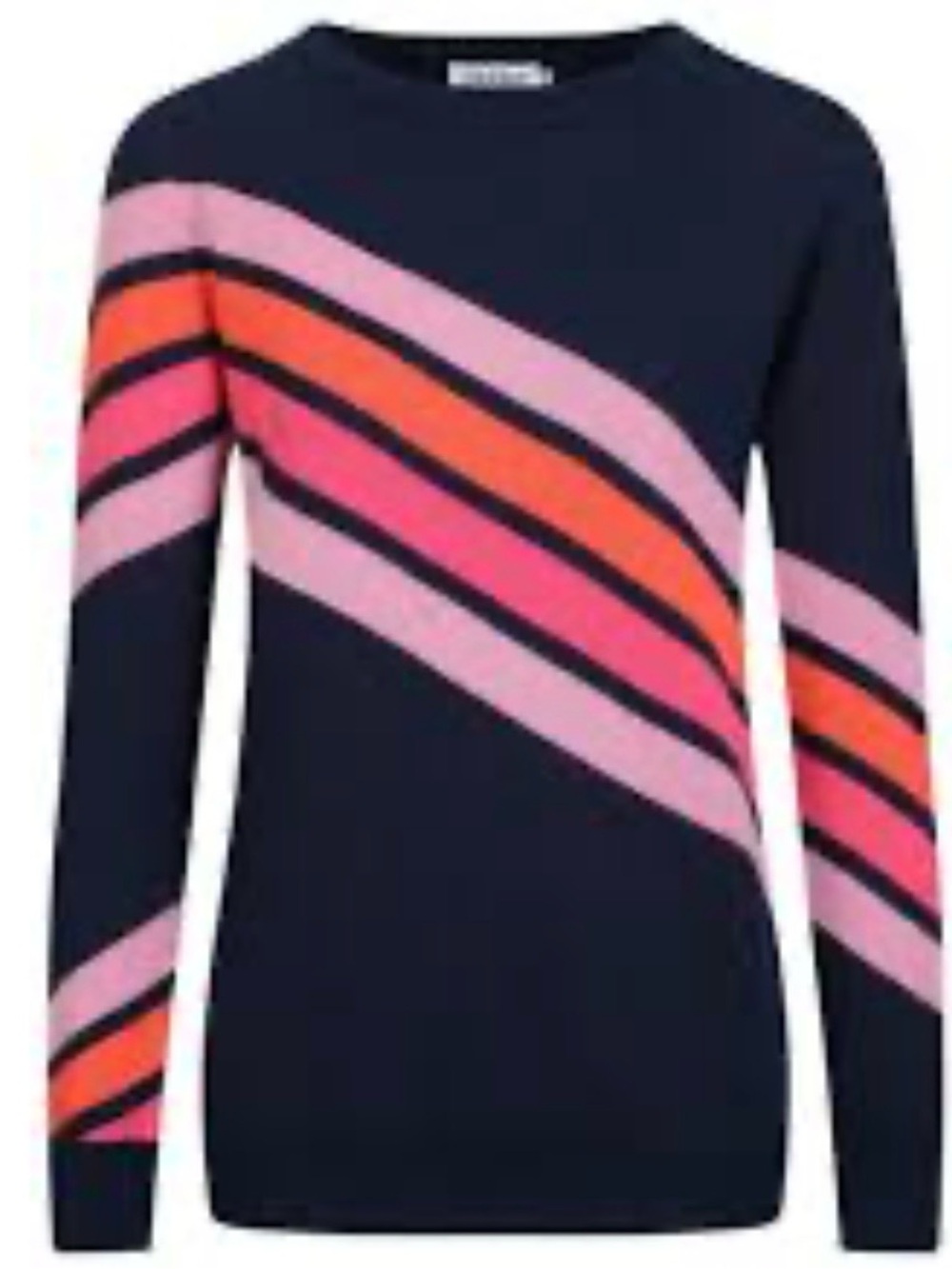 Crewneck Sweater in Navy with Pink and Orange Diagonal Stripes